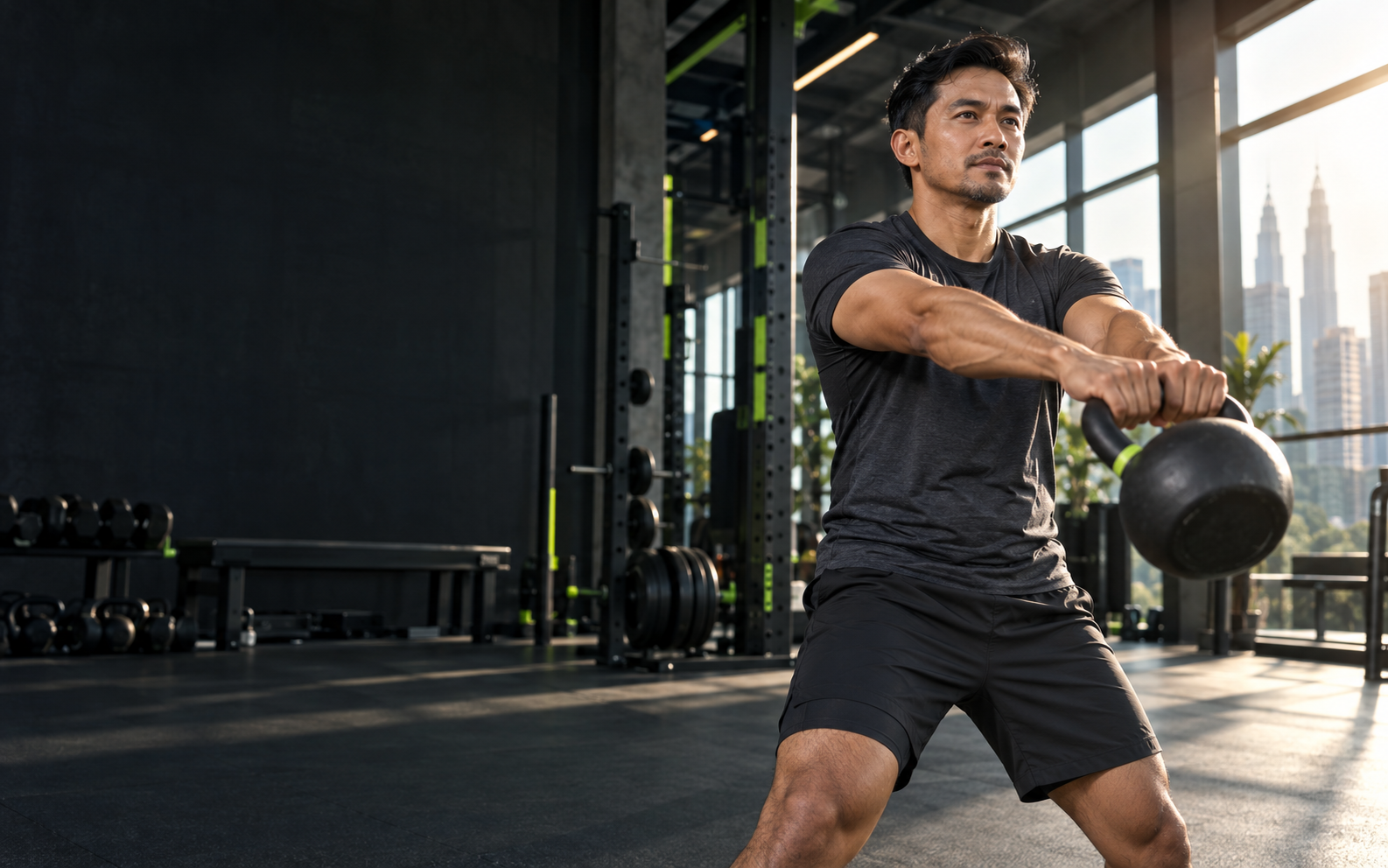 A dad training with a kettlebell in a gym